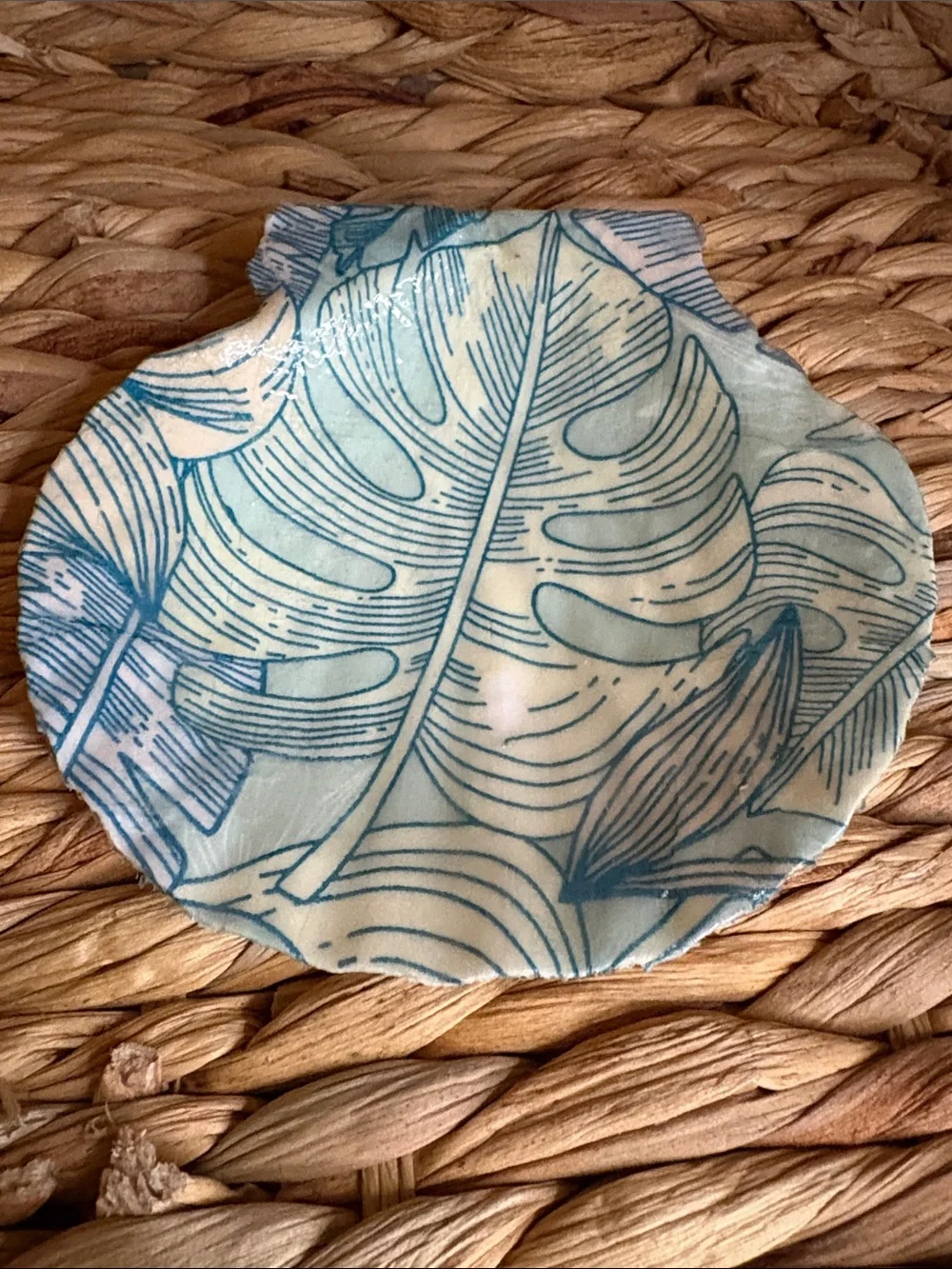 Hand Crafted Blue and Cream Tropical Leaf Trinket Dish